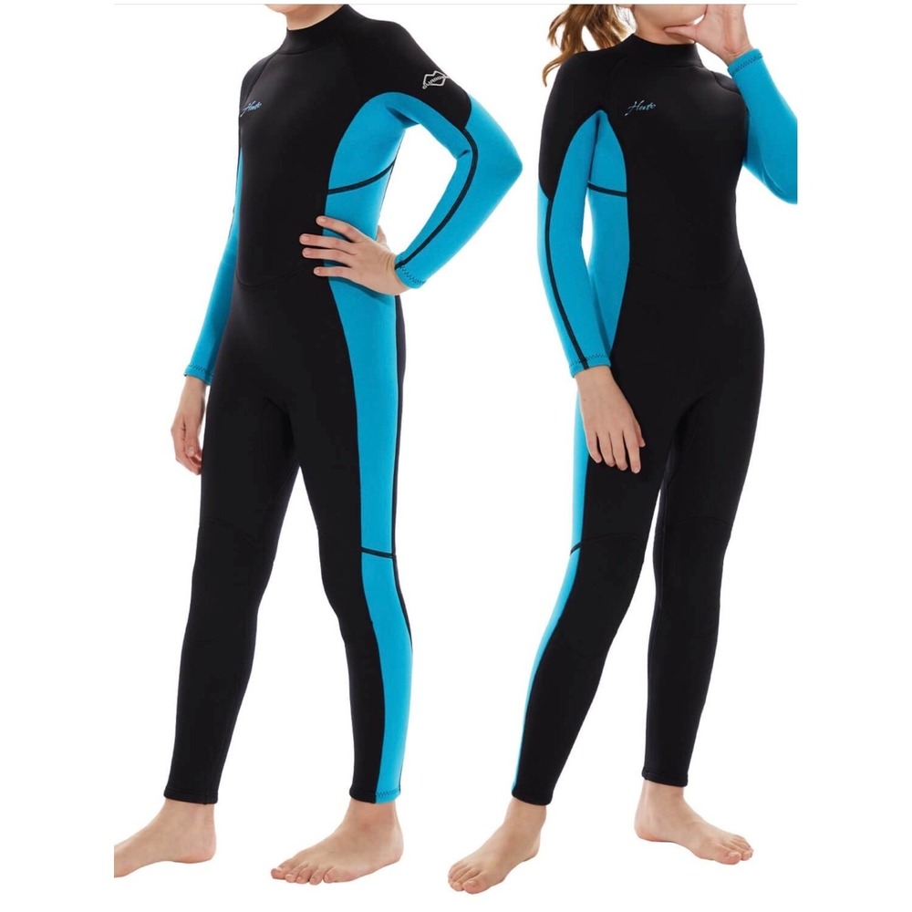 Hevto Wetsuit Kids 14 Black Blue Excellent 3/2mm Neoprene Full Body Back Zip‎